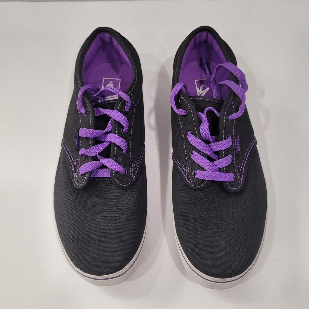 Vans Atwood Low Top Sneakers Black Canvas Purple Stitching Women's Missy Size 6 - Picture 5 of 11